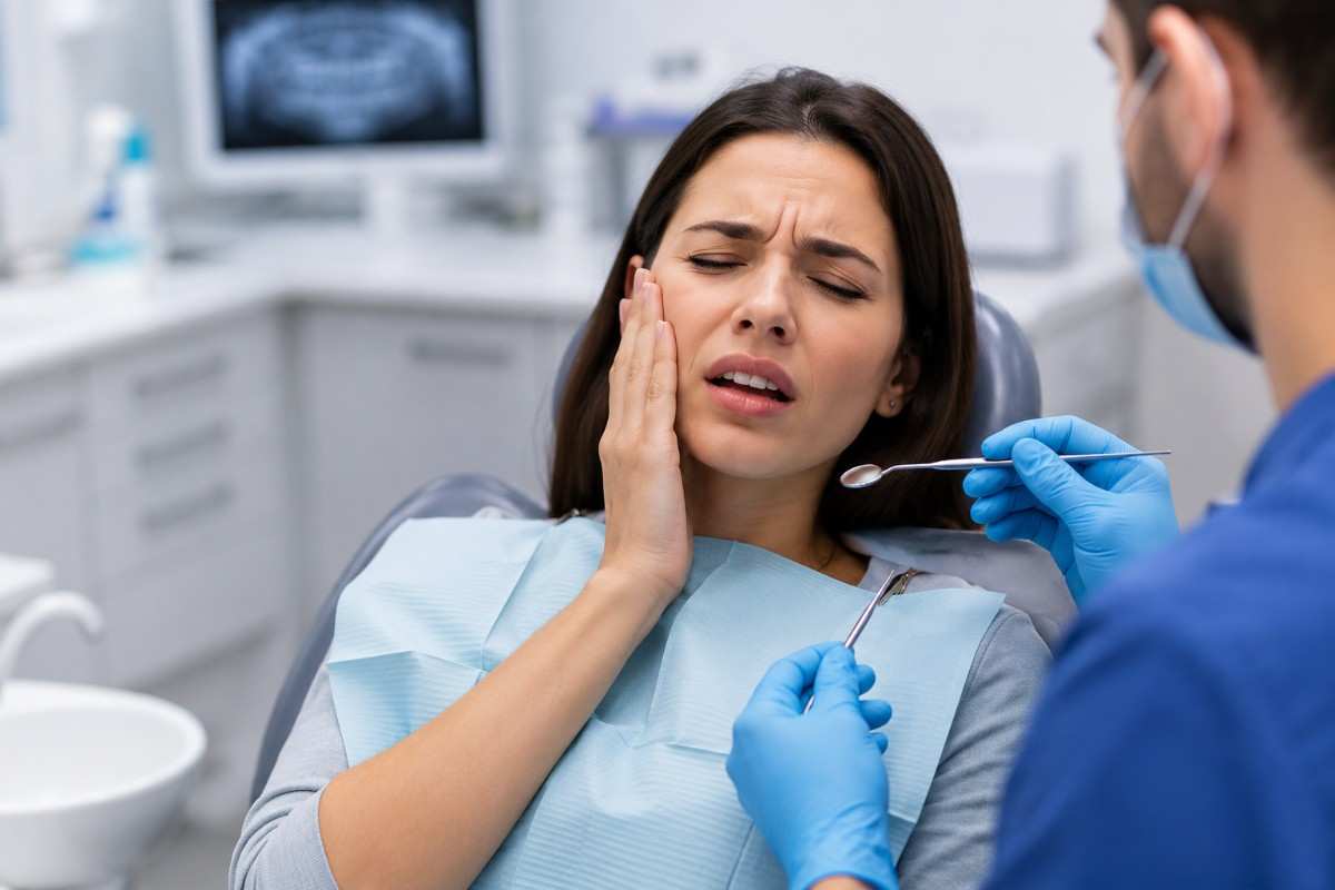 Woman suffering from severe toothache during emergency dental treatment at a modern dental clinic in Pietermaritzburg.