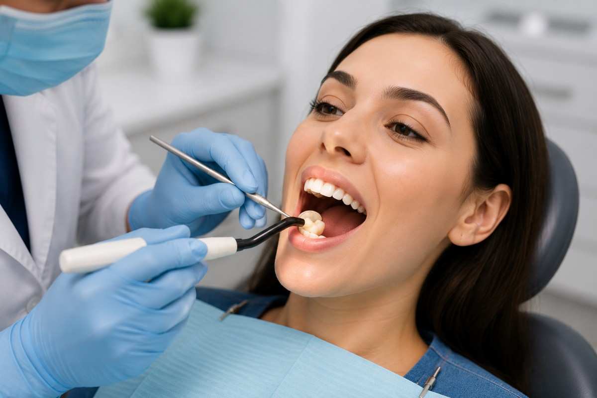 Patient receiving tooth-coloured composite dental filling treatment at a modern dental clinic.