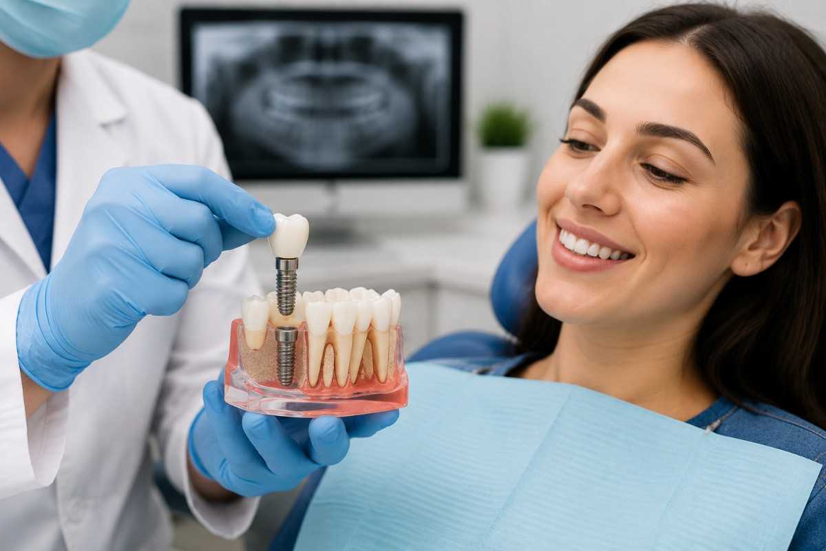 Dentist showing a dental implant model to a smiling patient during a dental implant consultation.