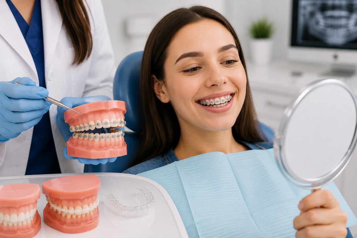 Smiling female patient with metal braces during an orthodontic consultation at a professional dental clinic.