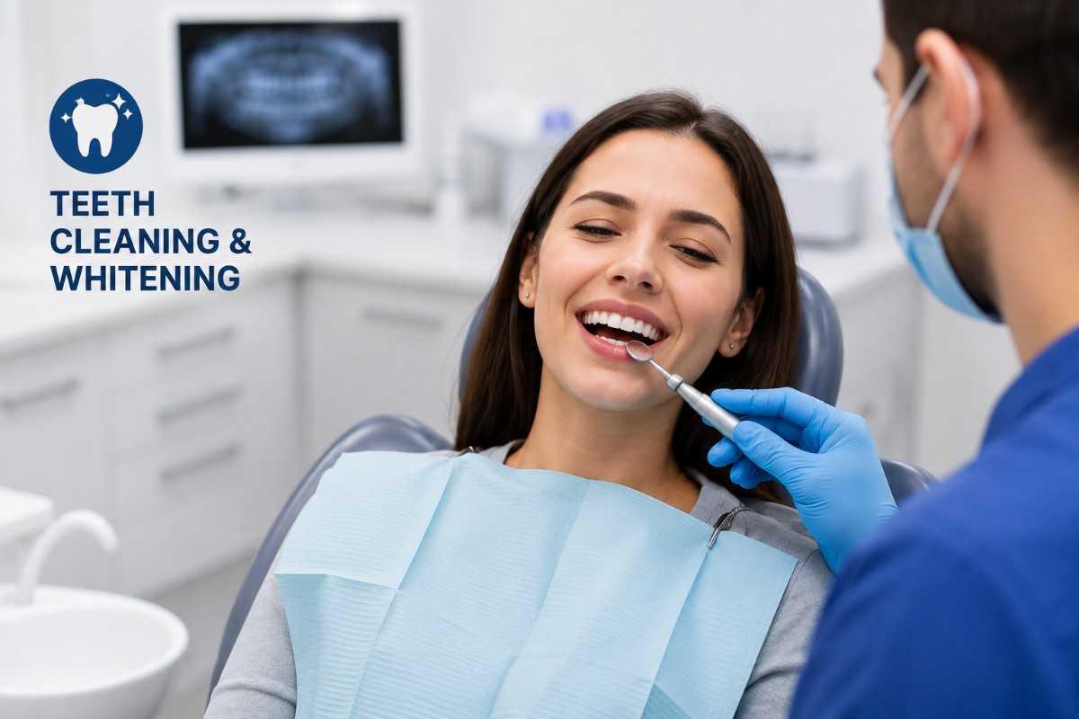 Smiling woman receiving professional teeth cleaning and whitening treatment at a modern dental clinic.