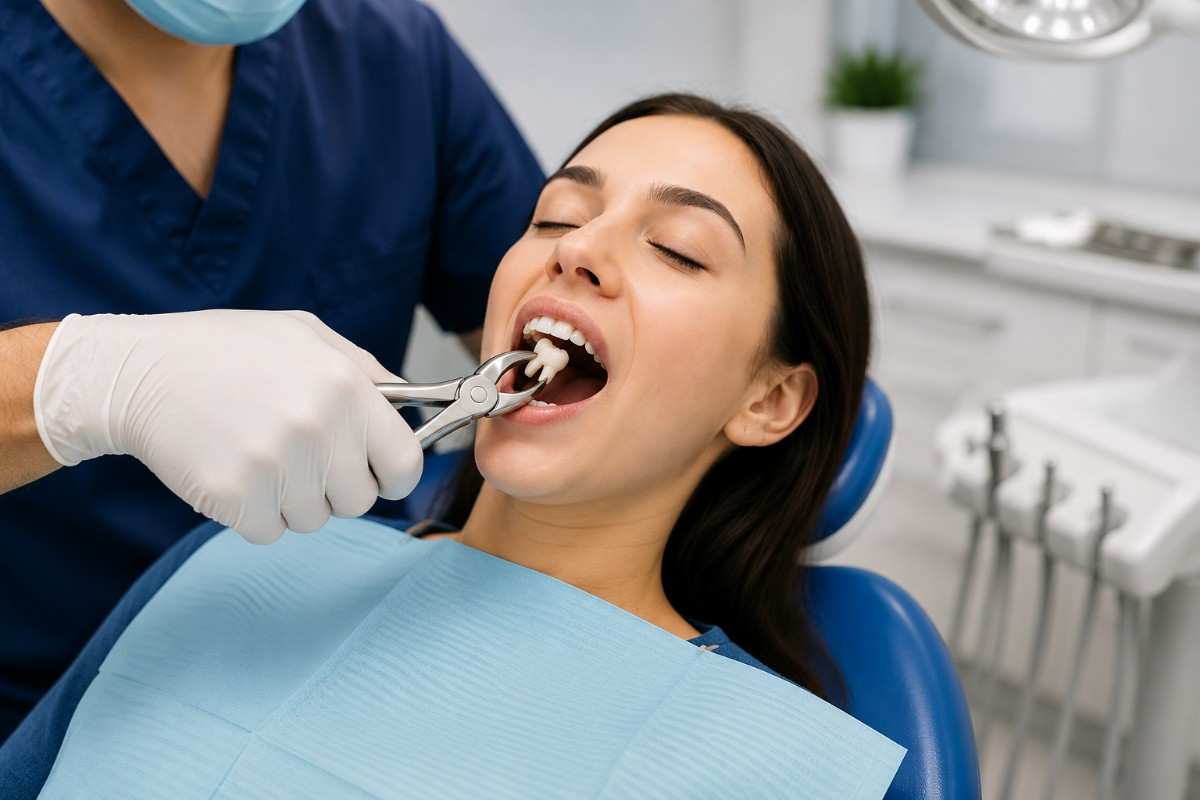 Female patient receiving safe and gentle tooth extraction treatment from a professional dentist in a modern dental clinic.