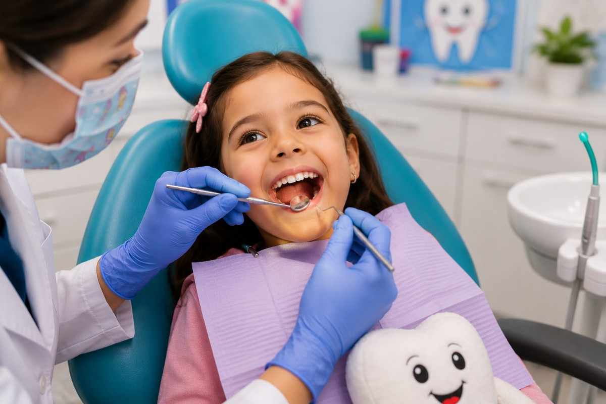 Young child smiling during a routine dental check-up with a pediatric dentist in a modern dental clinic.