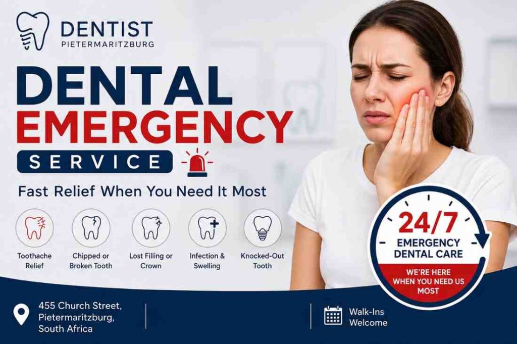 Patient experiencing severe tooth pain seeking emergency dental care at a 24/7 emergency dentist clinic in Pietermaritzburg, South Africa.