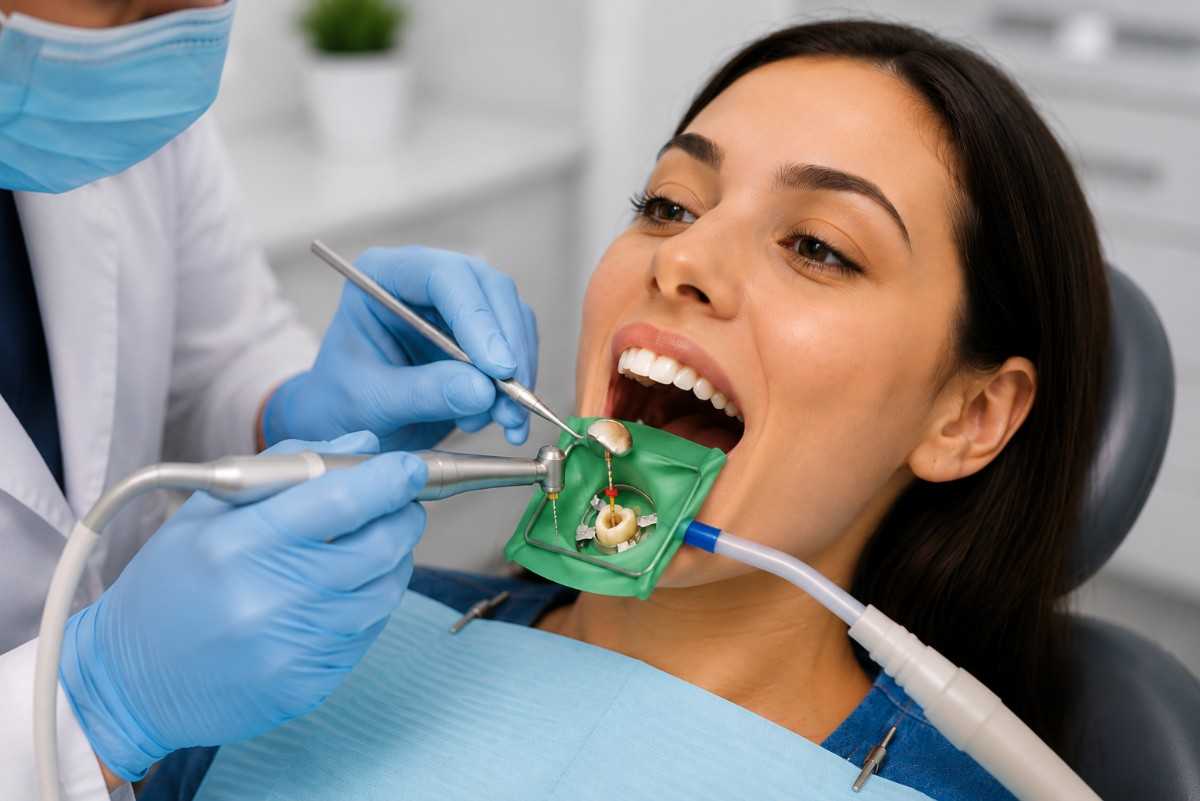Female patient receiving professional root canal treatment from a dentist in a modern dental clinic.