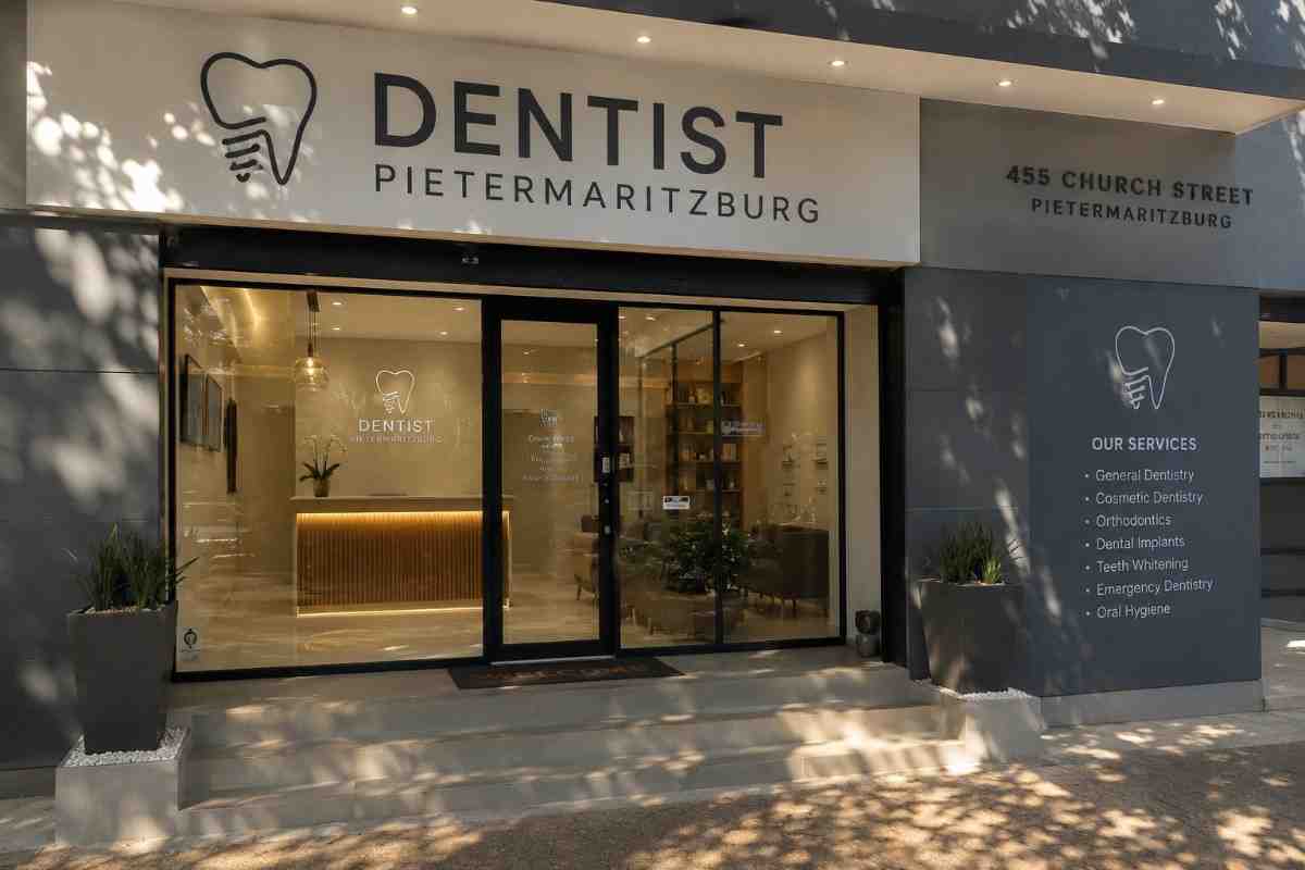 Modern luxury dental clinic exterior in Pietermaritzburg, South Africa, located on Church Street with contemporary architecture and professional dentist signage.
