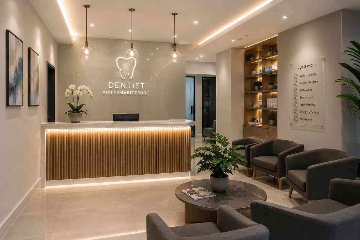 Modern dental clinic reception area in Pietermaritzburg featuring a luxury front desk, comfortable waiting area, elegant lighting, and contemporary interior design.