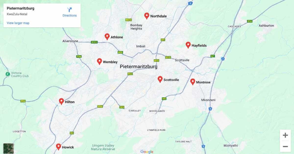 Google map showing dental service areas in Pietermaritzburg including Hayfields, Hilton, Howick, Wembley, Athlone, Montrose, Northdale and Scottsville with location pins.